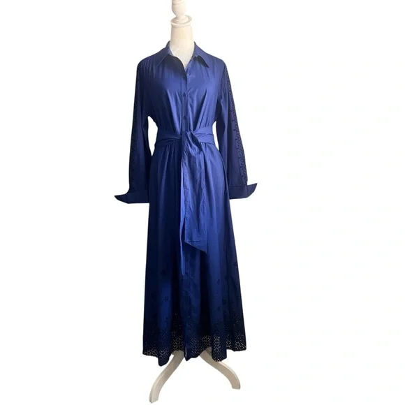ME+EM Blue Cotton Broderie Shirt Dress Belted Maxi Eyelet Hem US 8 Quiet Luxury - Picture 2 of 16